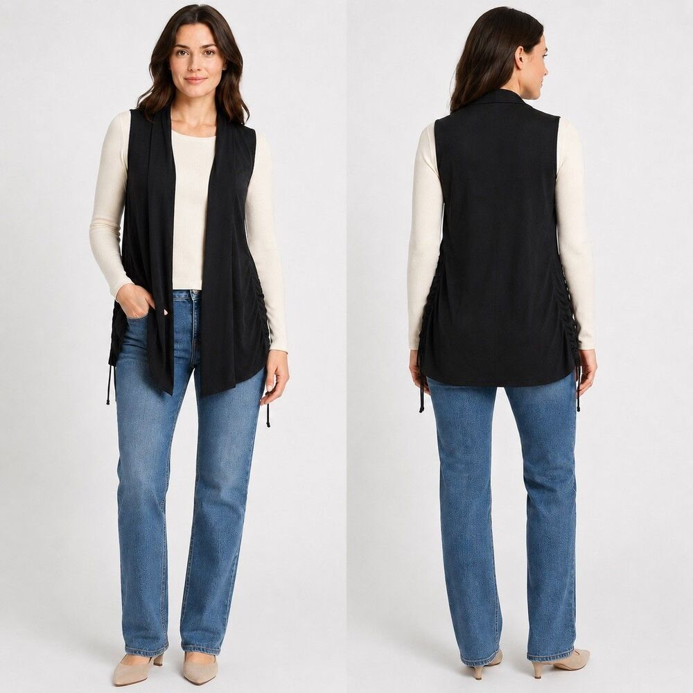 White House Black Market Women M Black Ruched Open Front Cardigan Vest WHBM